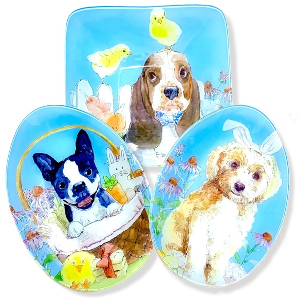 3pc Glass Serving Set ◈ Easter Dogs Frenchie Corgi - Picture 1 of 5